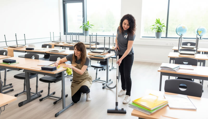 Professionele schoolschoonmaak in een klaslokaal door medewerksters van schoonmaakbedrijf Hensen Cleaning