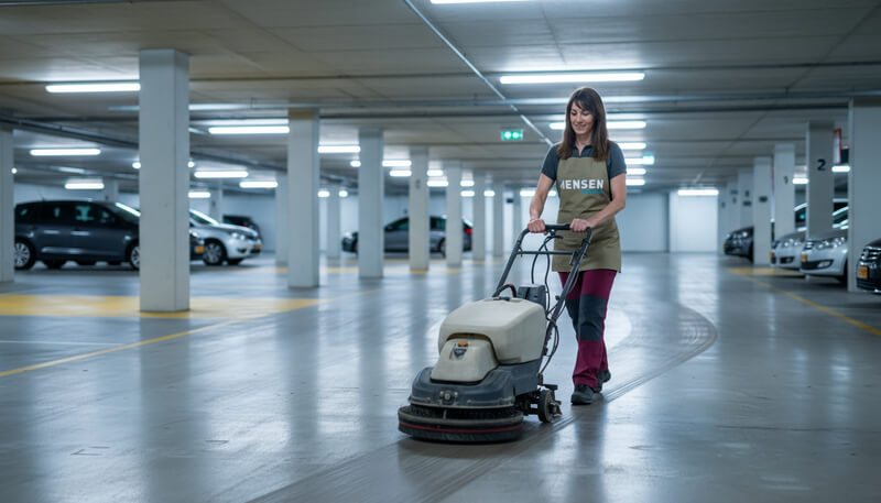 Machinale reiniging van een parkeergarage door een medewerkster van schoonmaakbedrijf Hensen Cleaning